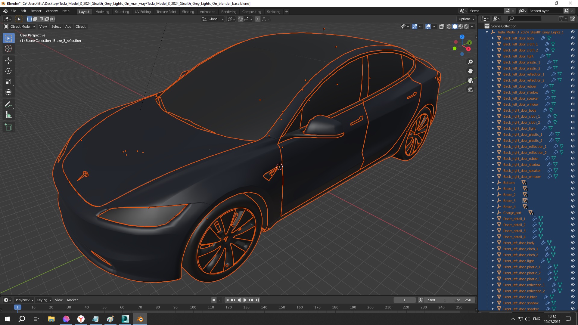 3D Tesla Model 3 2024 Stealth Grey Lights On