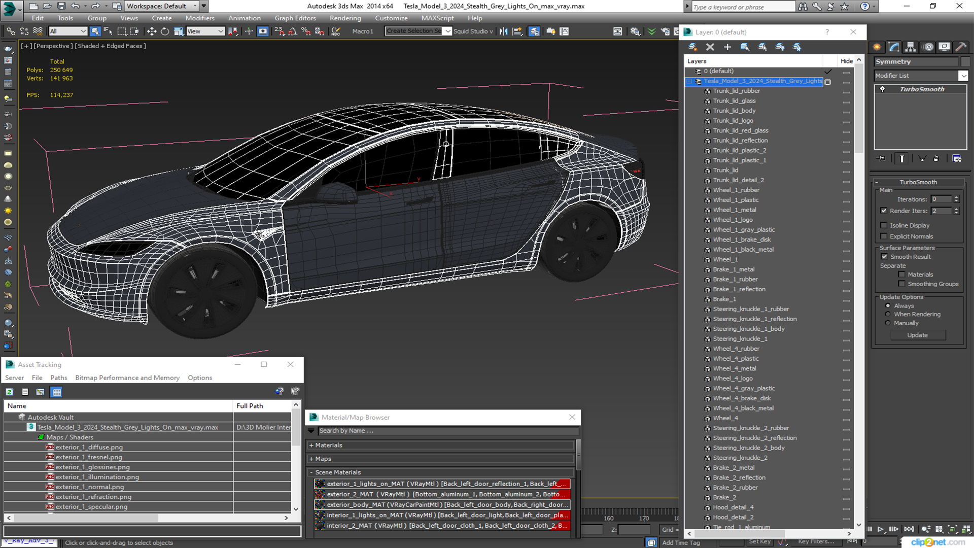 3D Tesla Model 3 2024 Stealth Grey Lights On