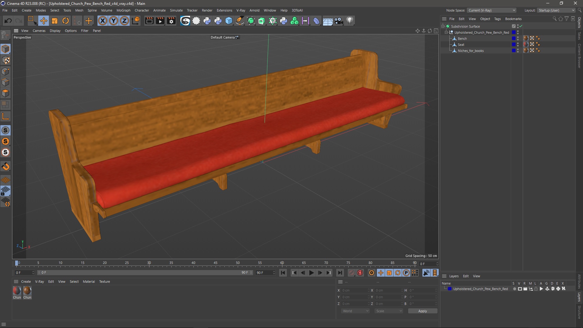 Upholstered Church Pew Bench Red 3D