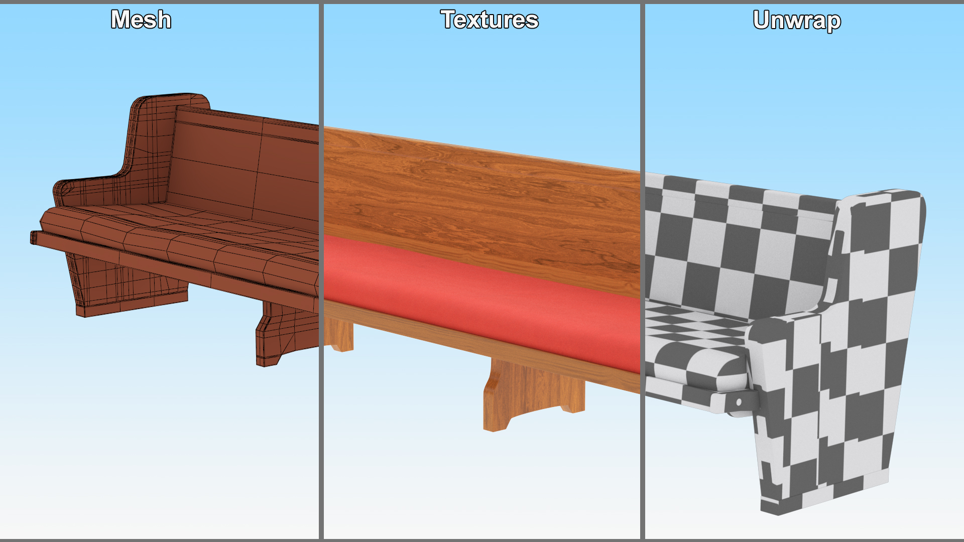 Upholstered Church Pew Bench Red 3D
