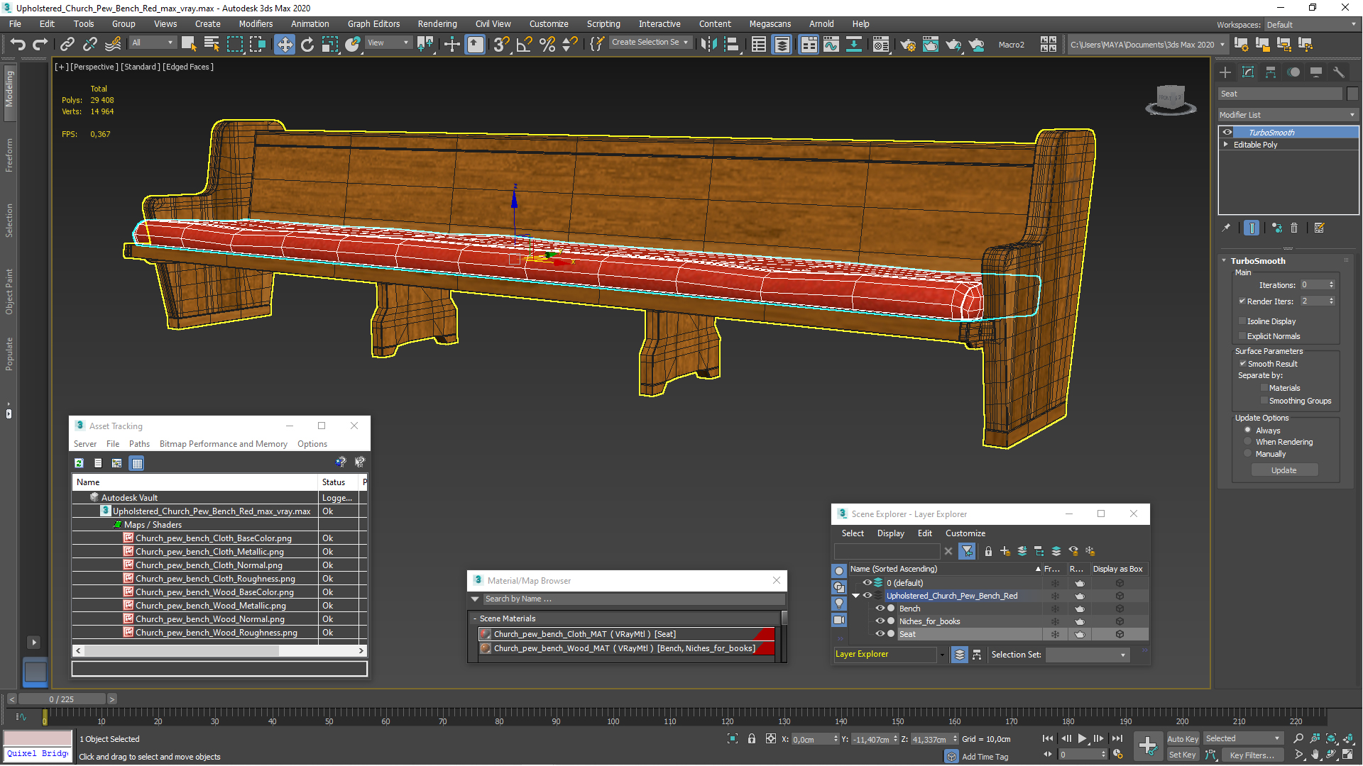 Upholstered Church Pew Bench Red 3D