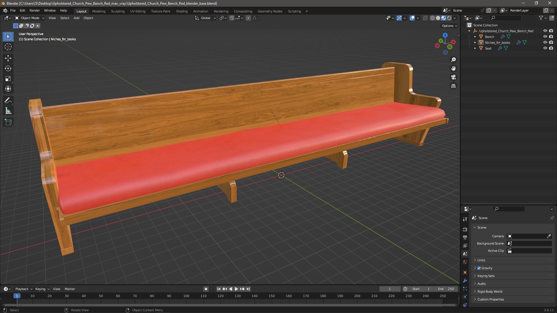Upholstered Church Pew Bench Red 3D