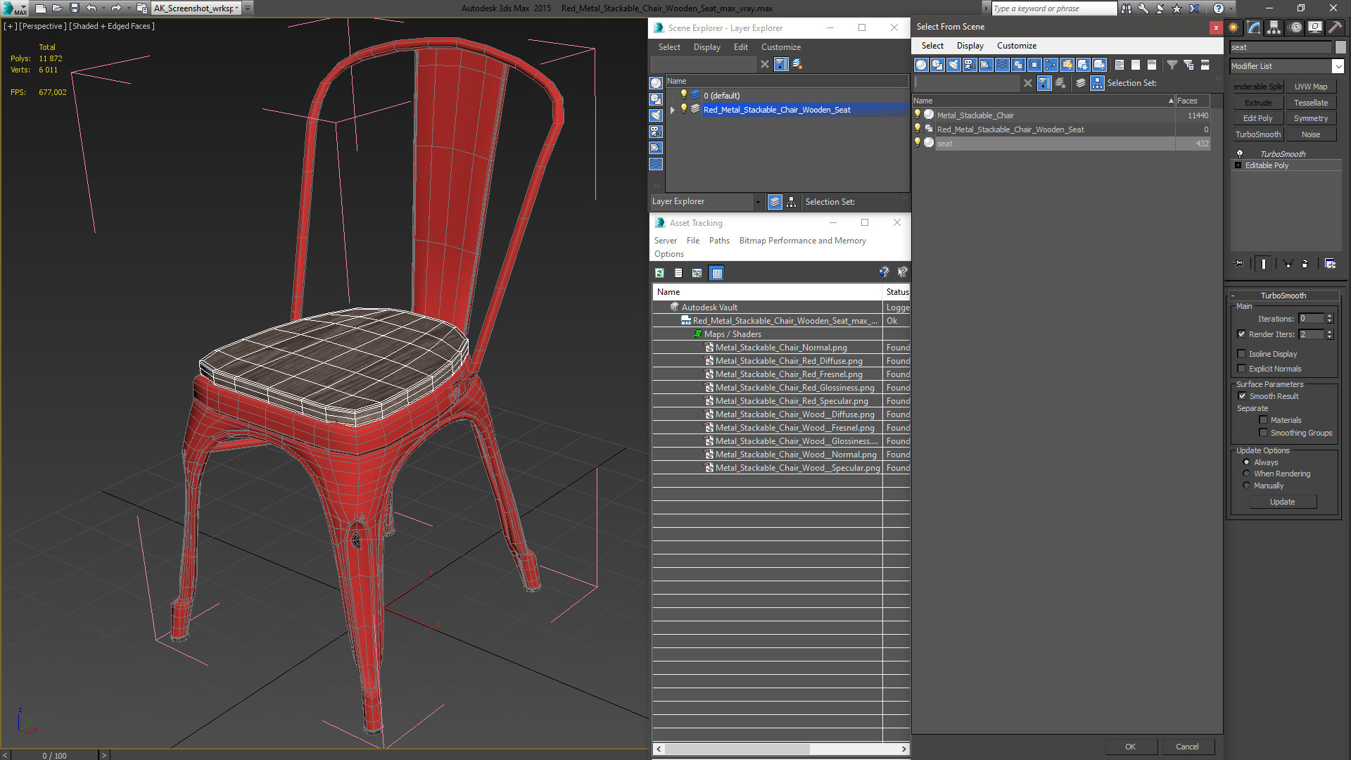 Red Metal Stackable Chair Wooden Seat 3D