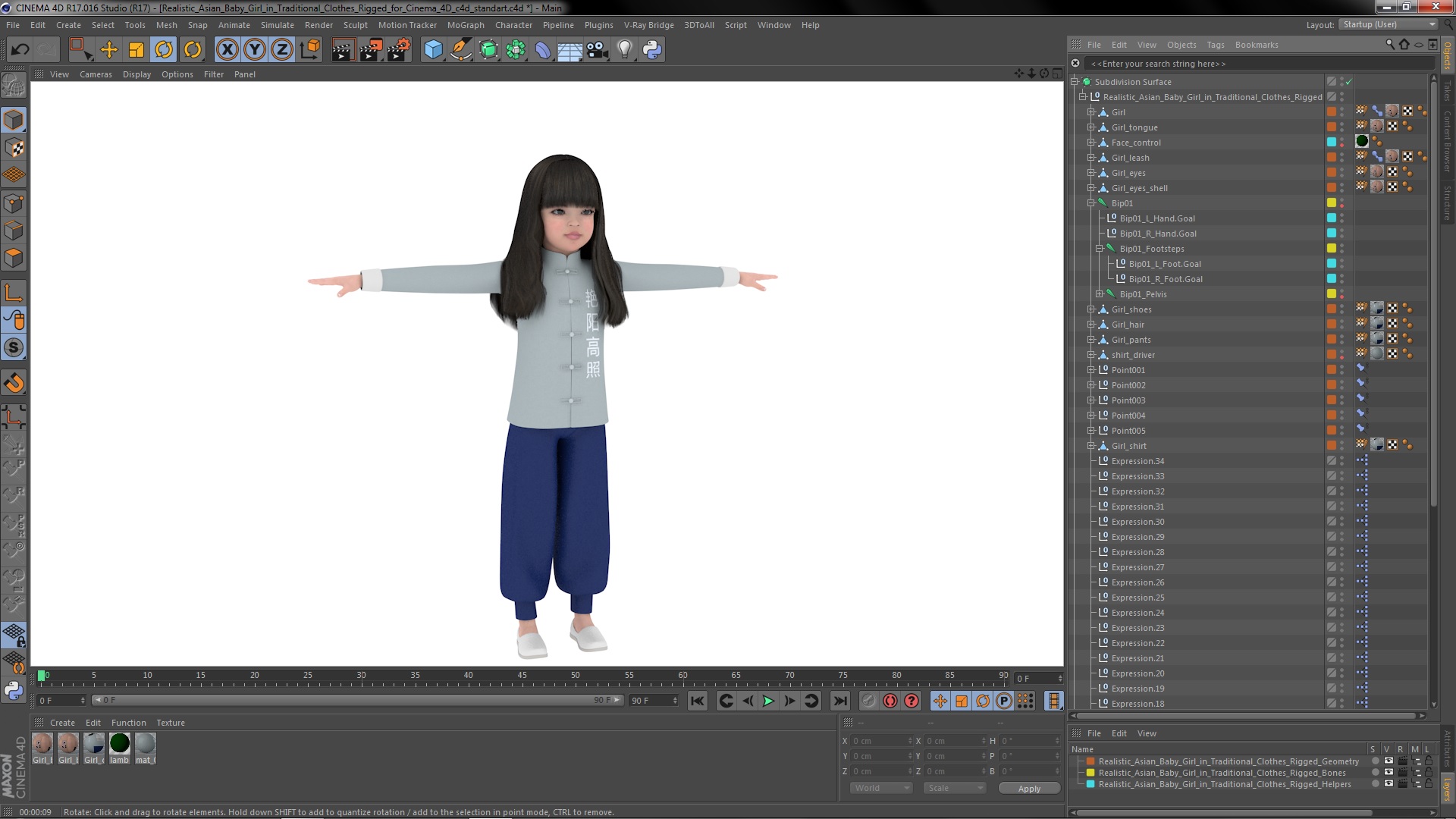 Realistic Asian Baby Girl in Traditional Clothes Rigged for Cinema 4D 3D model