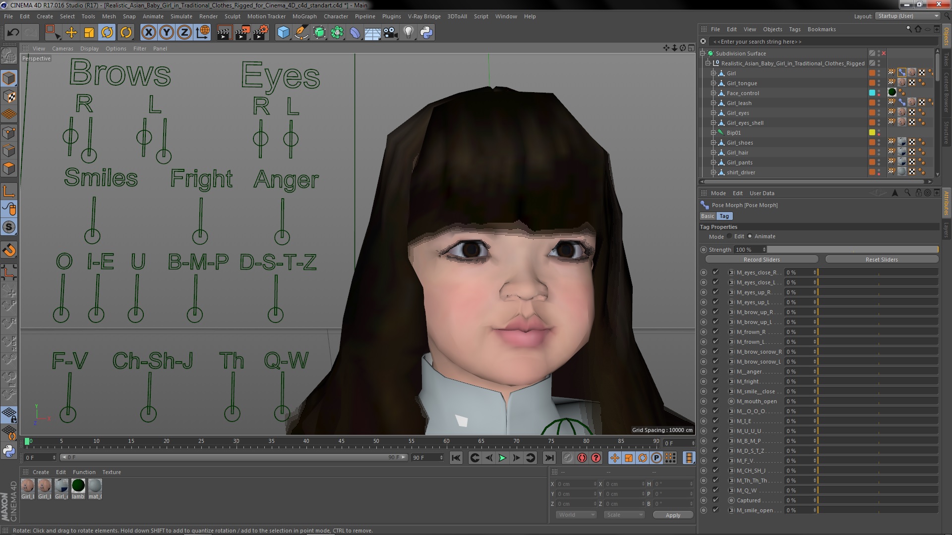 Realistic Asian Baby Girl in Traditional Clothes Rigged for Cinema 4D 3D model