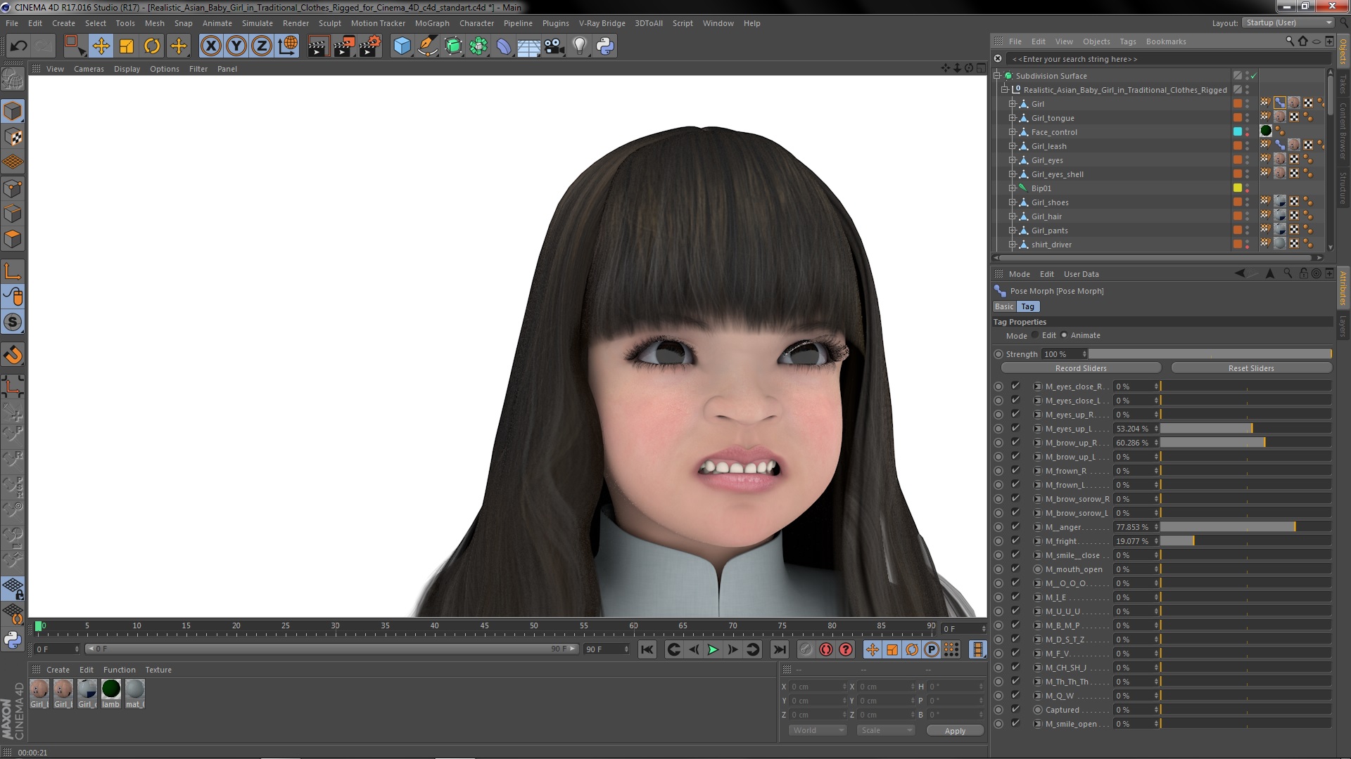 Realistic Asian Baby Girl in Traditional Clothes Rigged for Cinema 4D 3D model
