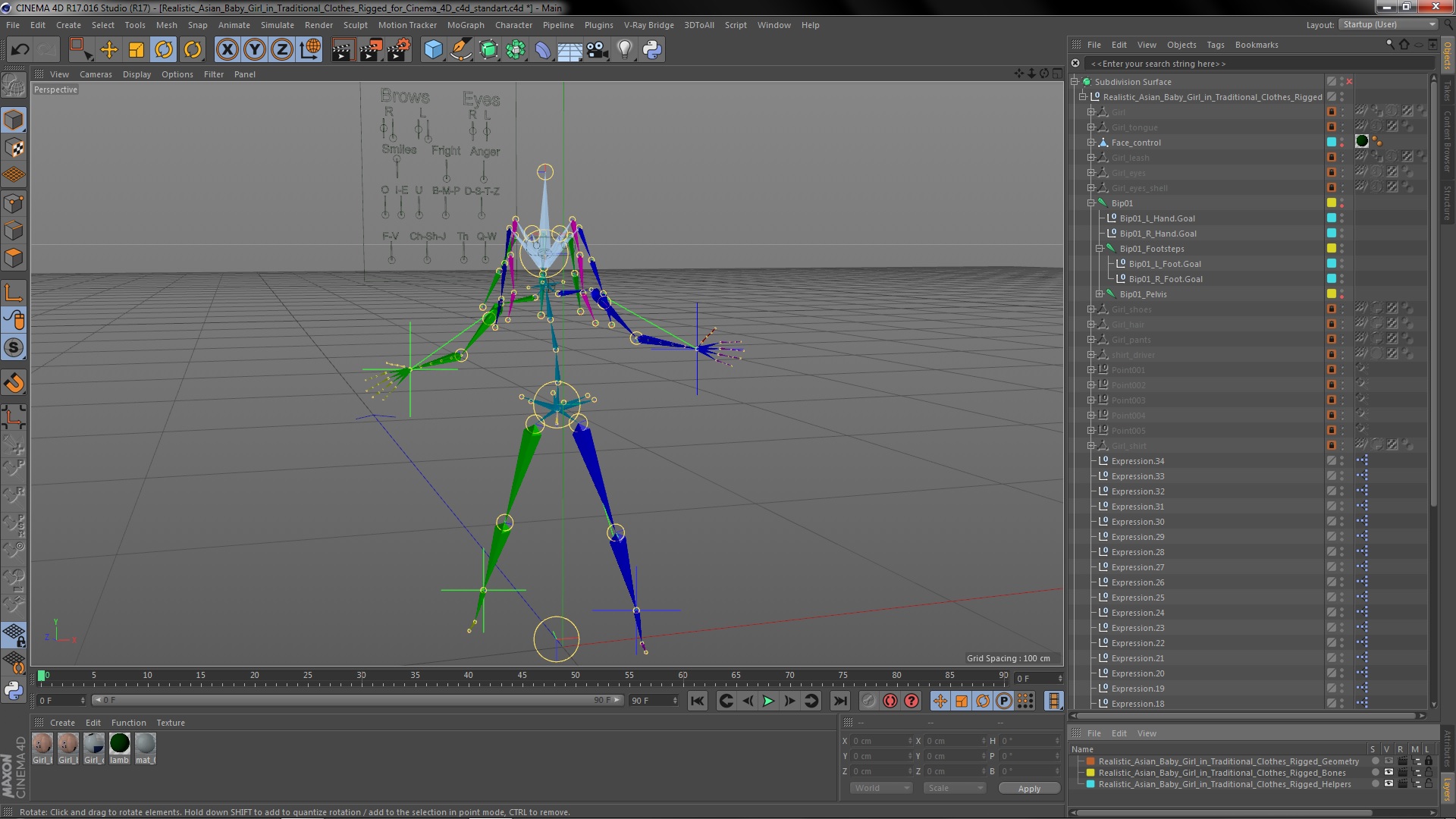 Realistic Asian Baby Girl in Traditional Clothes Rigged for Cinema 4D 3D model