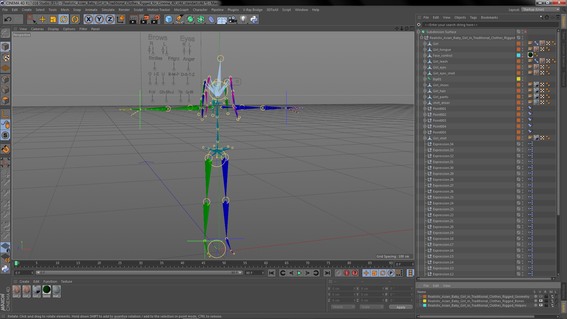 Realistic Asian Baby Girl in Traditional Clothes Rigged for Cinema 4D 3D model