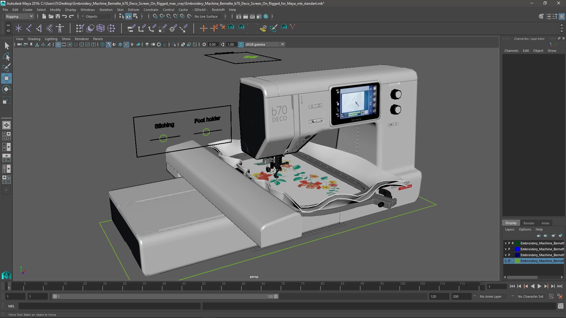 Embroidery Machine Bernette b70 Deco Screen On Rigged for Maya 3D