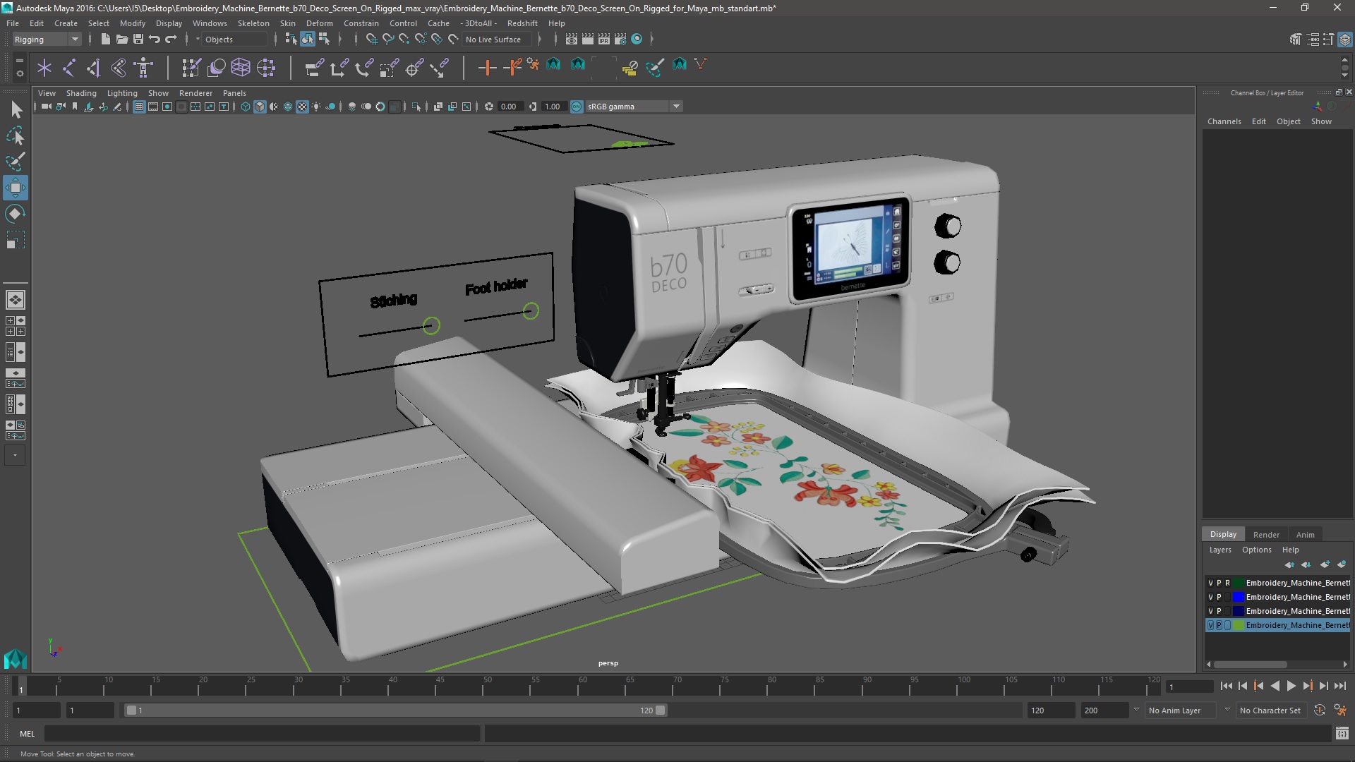 Embroidery Machine Bernette b70 Deco Screen On Rigged for Maya 3D