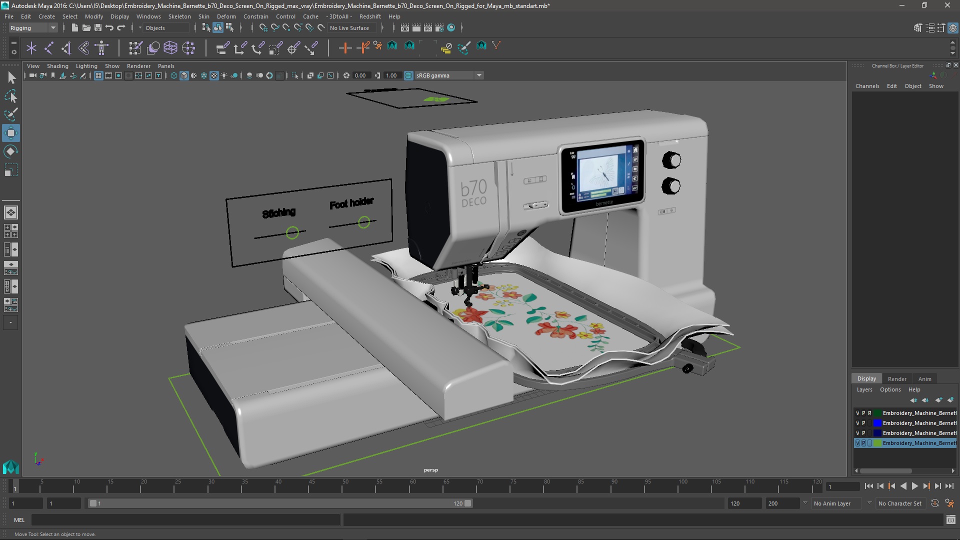 Embroidery Machine Bernette b70 Deco Screen On Rigged for Maya 3D
