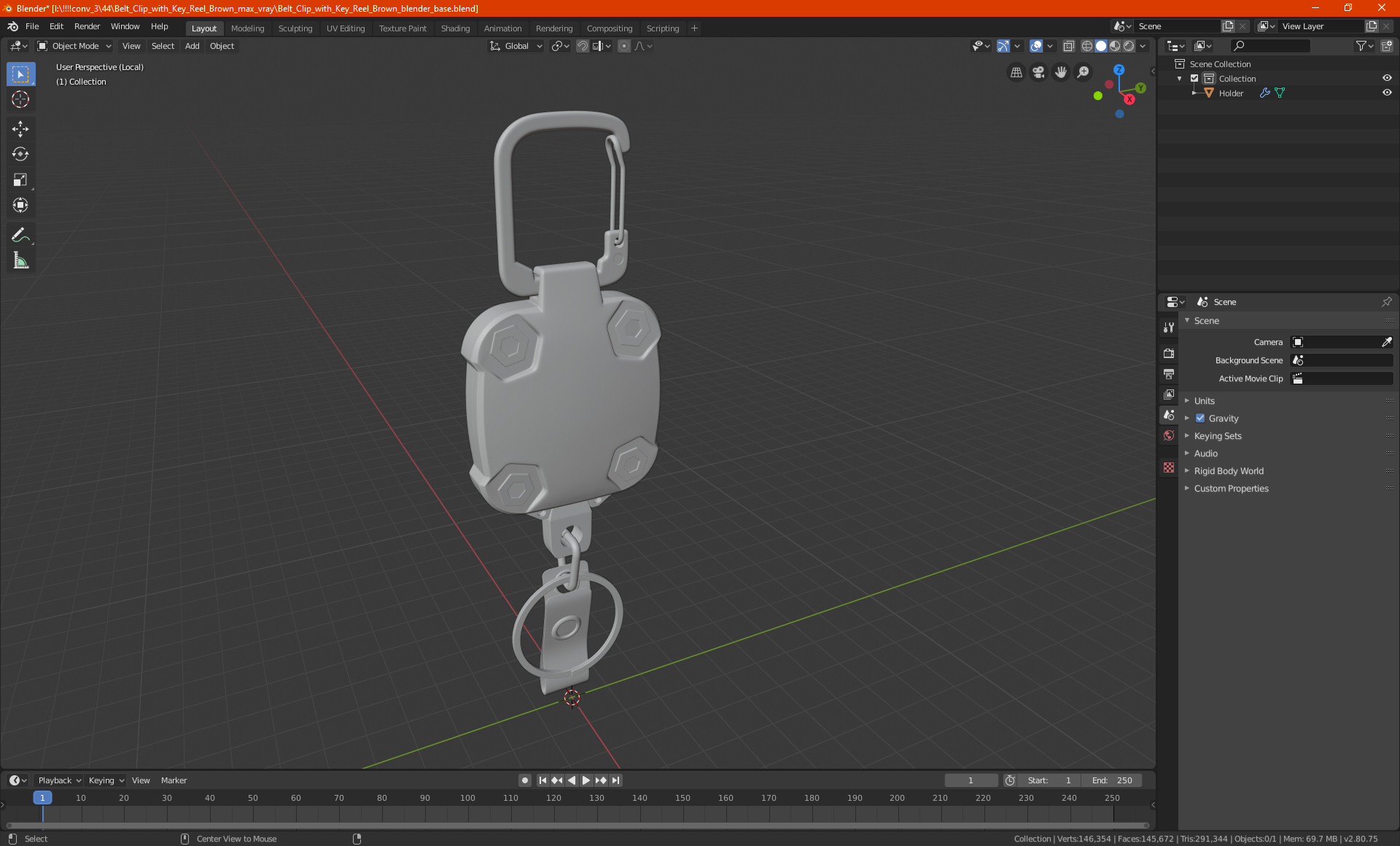 Belt Clip with Key Reel Brown 3D model