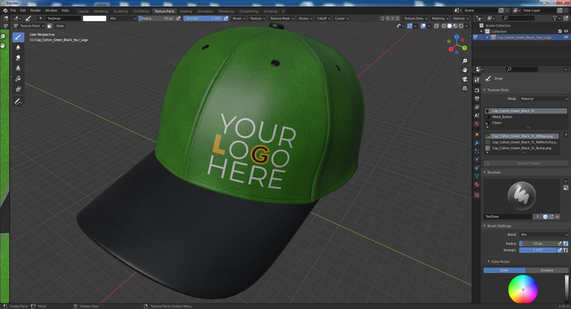 Cap Cotton Green Black Your Logo 3D