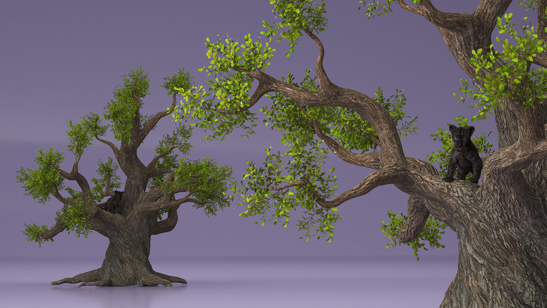 3D model Black Leopard Cub on Ancient Twisted Tree Fur