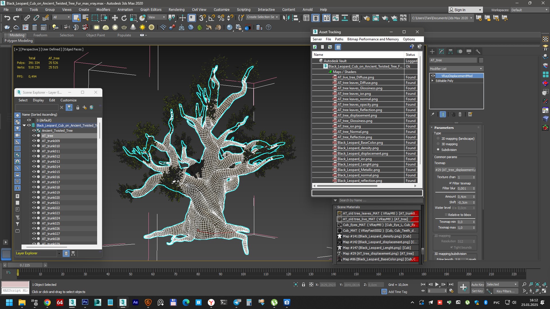 3D model Black Leopard Cub on Ancient Twisted Tree Fur
