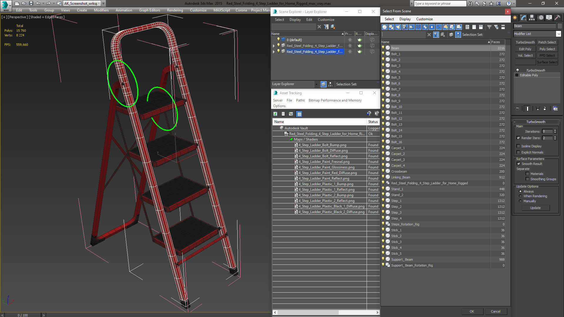 Red Steel Folding 4 Step Ladder for Home Rigged 3D