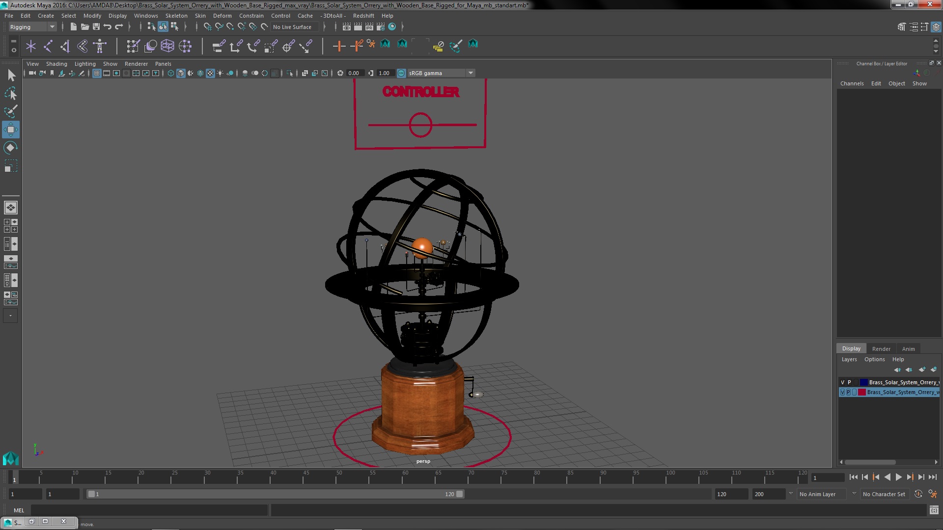 3D Brass Solar System Orrery with Wooden Base Rigged for Maya model