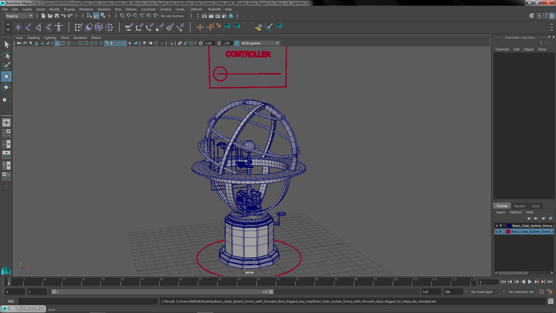 3D Brass Solar System Orrery with Wooden Base Rigged for Maya model