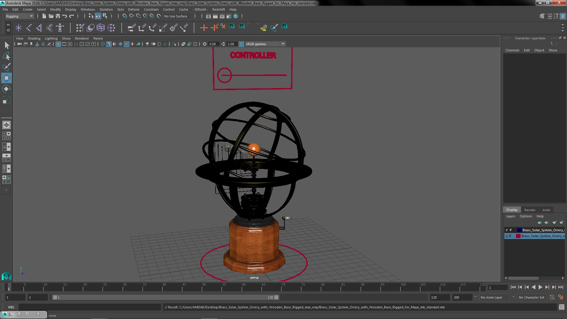 3D Brass Solar System Orrery with Wooden Base Rigged for Maya model