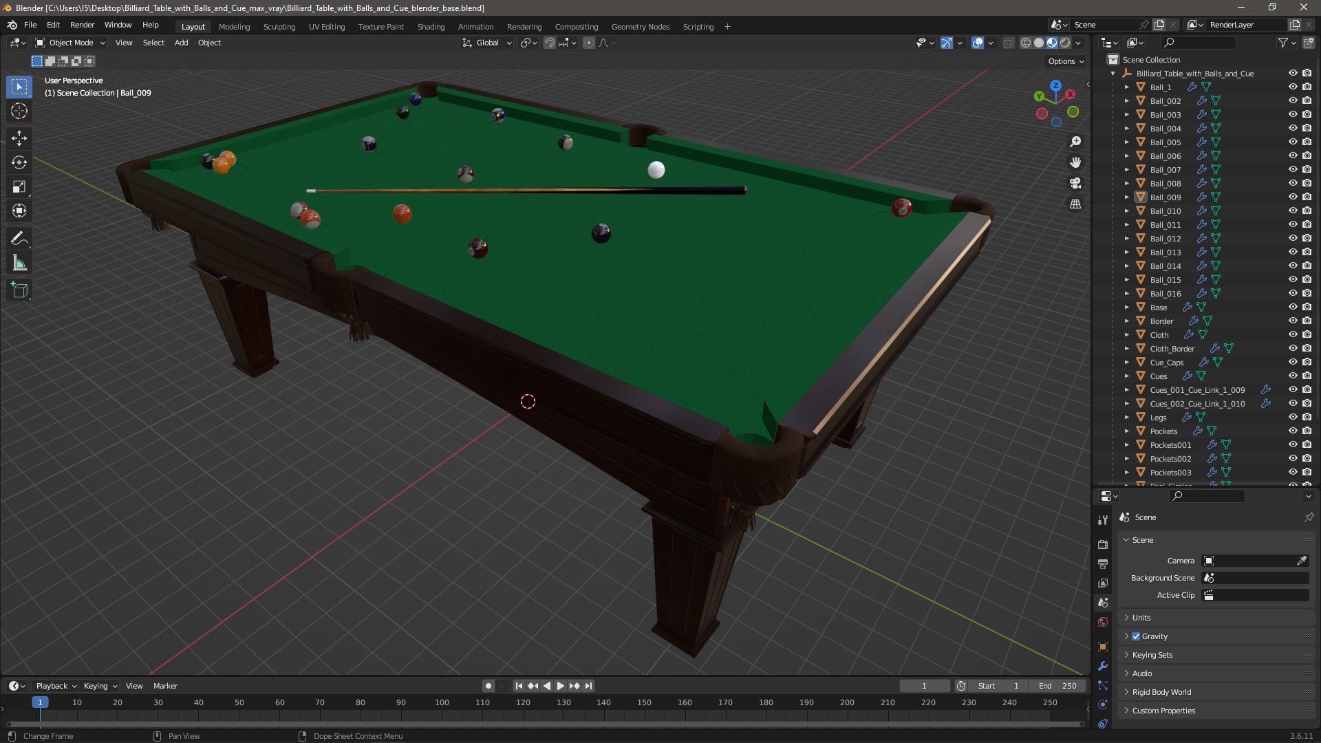 3D Billiard Table with Balls and Cue model