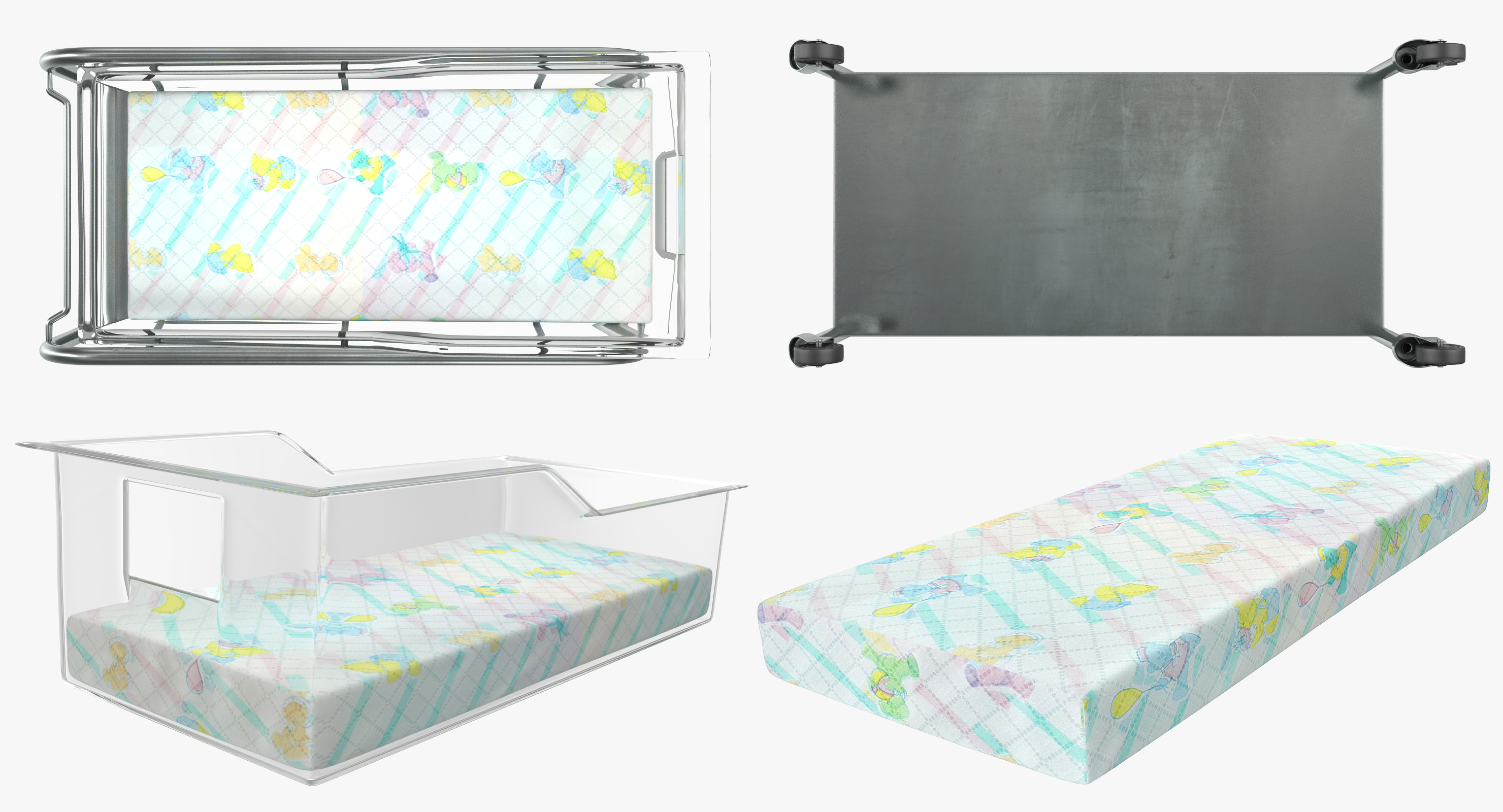 Stainless Steel Hospital Bassinet Carrier with Shelf 3D