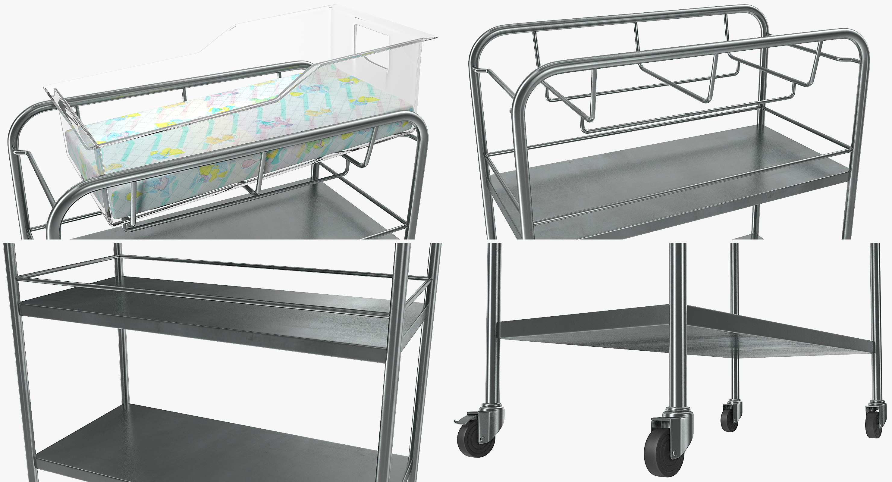 Stainless Steel Hospital Bassinet Carrier with Shelf 3D