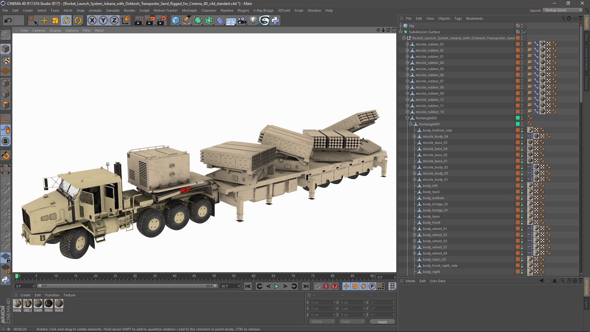 Rocket Launch System Jobaria with Oshkosh Transporter Sand Rigged for Cinema 4D 3D model
