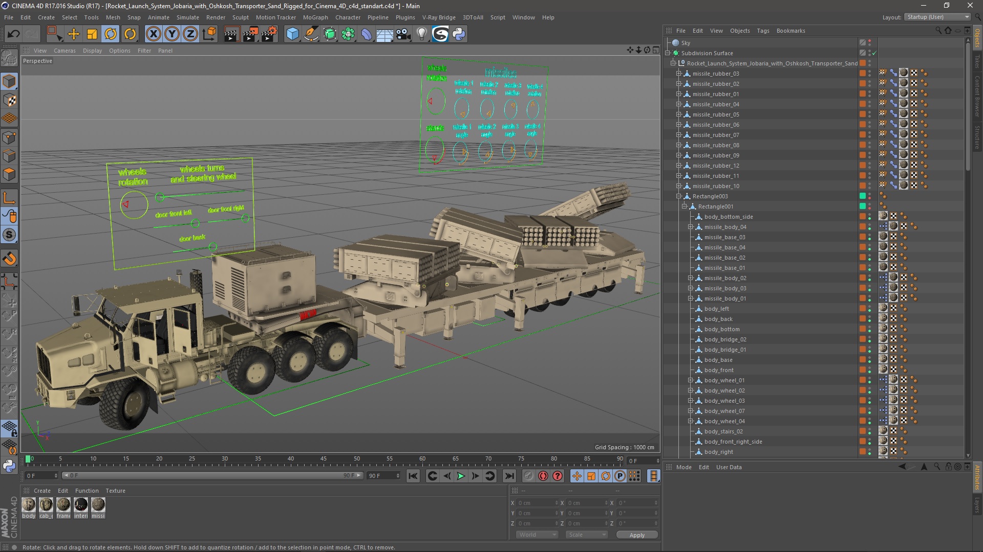 Rocket Launch System Jobaria with Oshkosh Transporter Sand Rigged for Cinema 4D 3D model