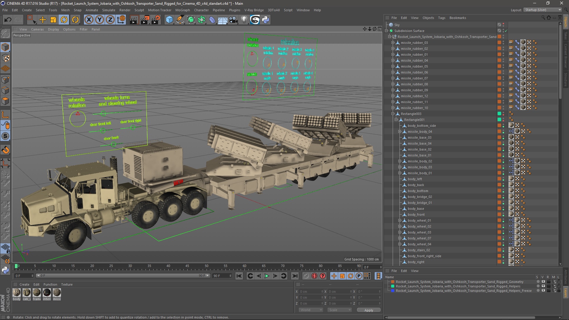 Rocket Launch System Jobaria with Oshkosh Transporter Sand Rigged for Cinema 4D 3D model