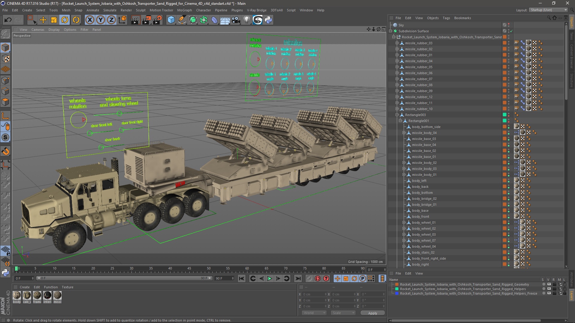 Rocket Launch System Jobaria with Oshkosh Transporter Sand Rigged for Cinema 4D 3D model