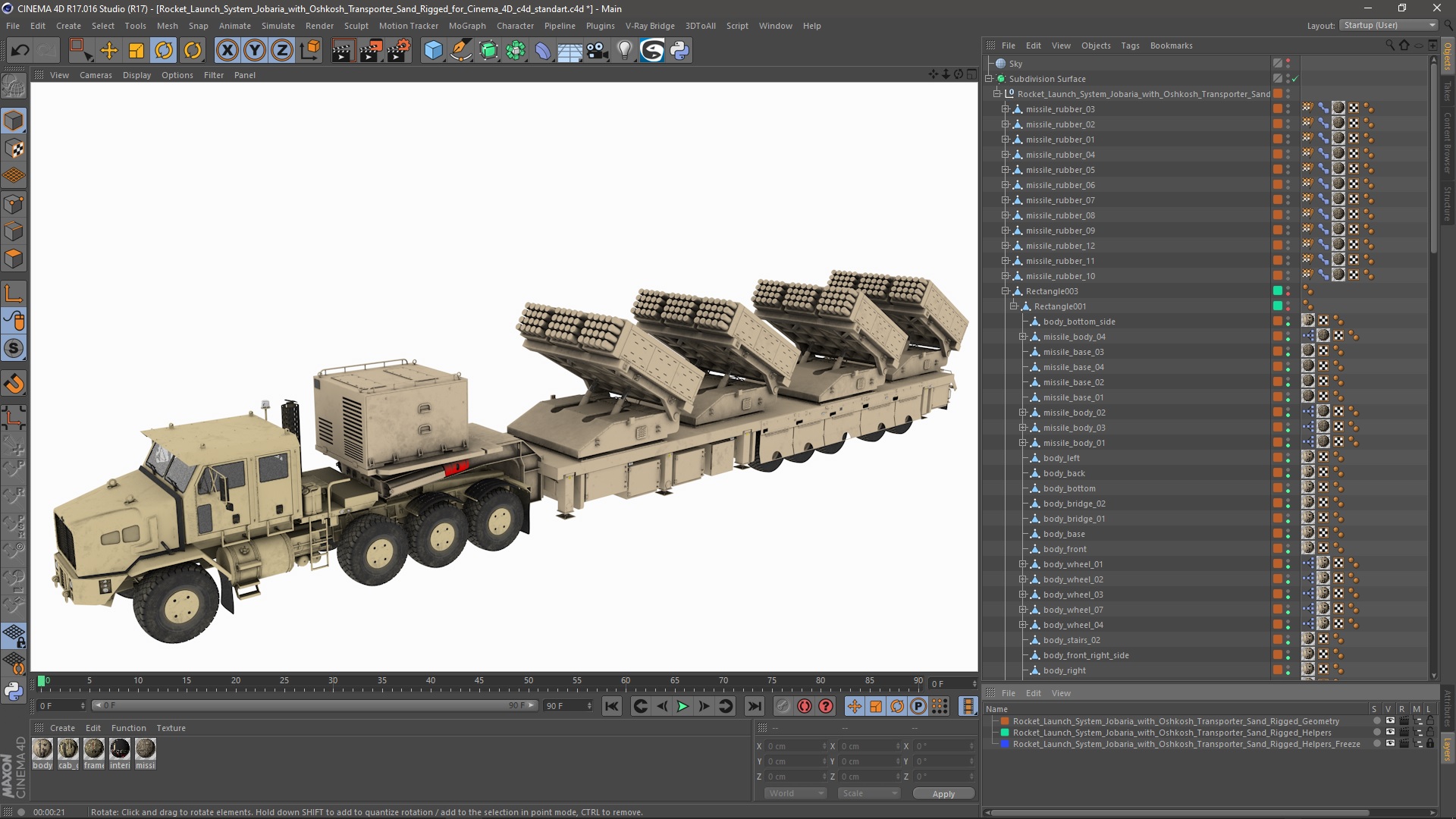 Rocket Launch System Jobaria with Oshkosh Transporter Sand Rigged for Cinema 4D 3D model