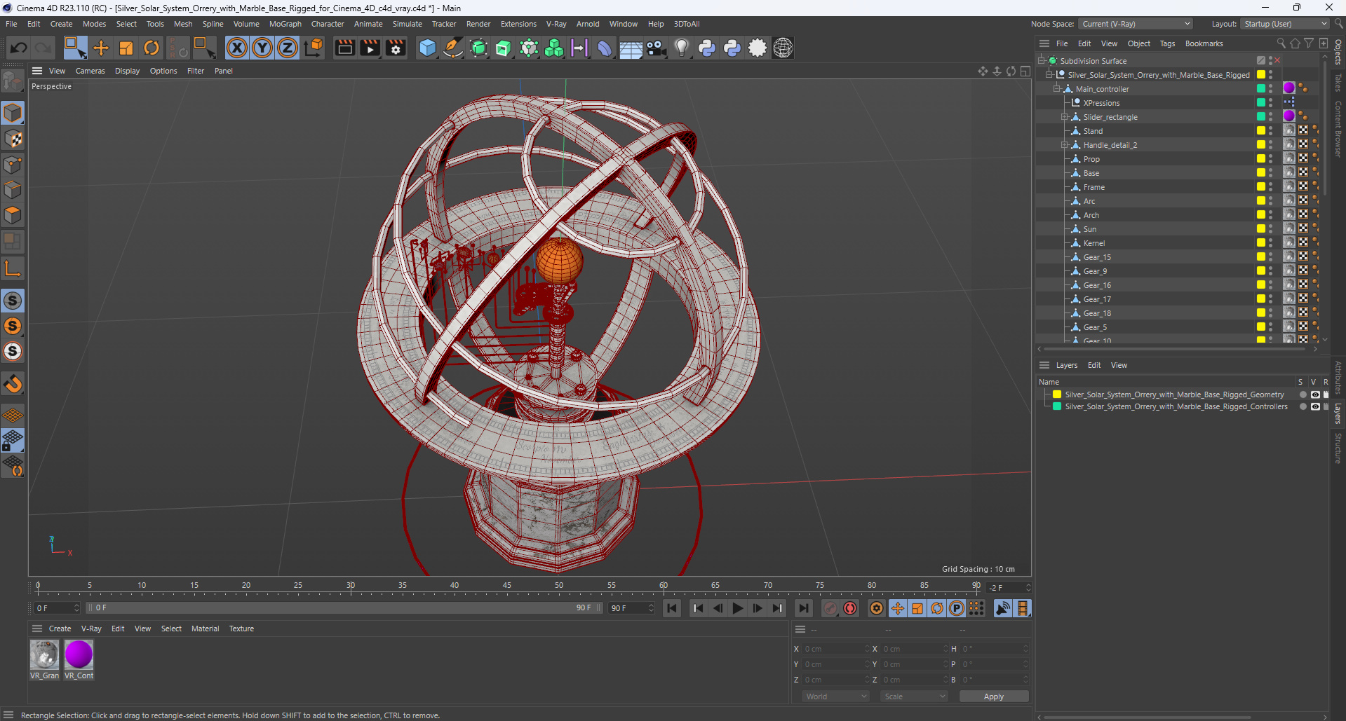 Silver Solar System Orrery with Marble Base Rigged for Cinema 4D 3D model