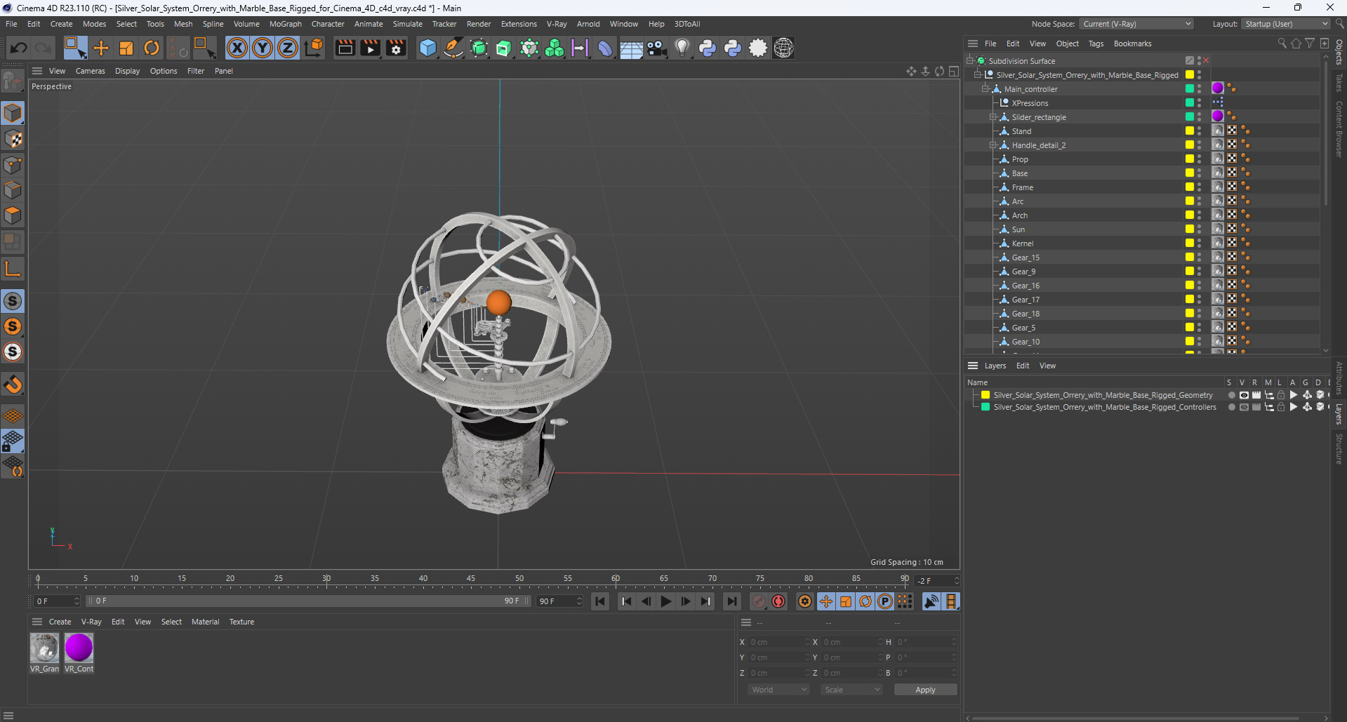 Silver Solar System Orrery with Marble Base Rigged for Cinema 4D 3D model