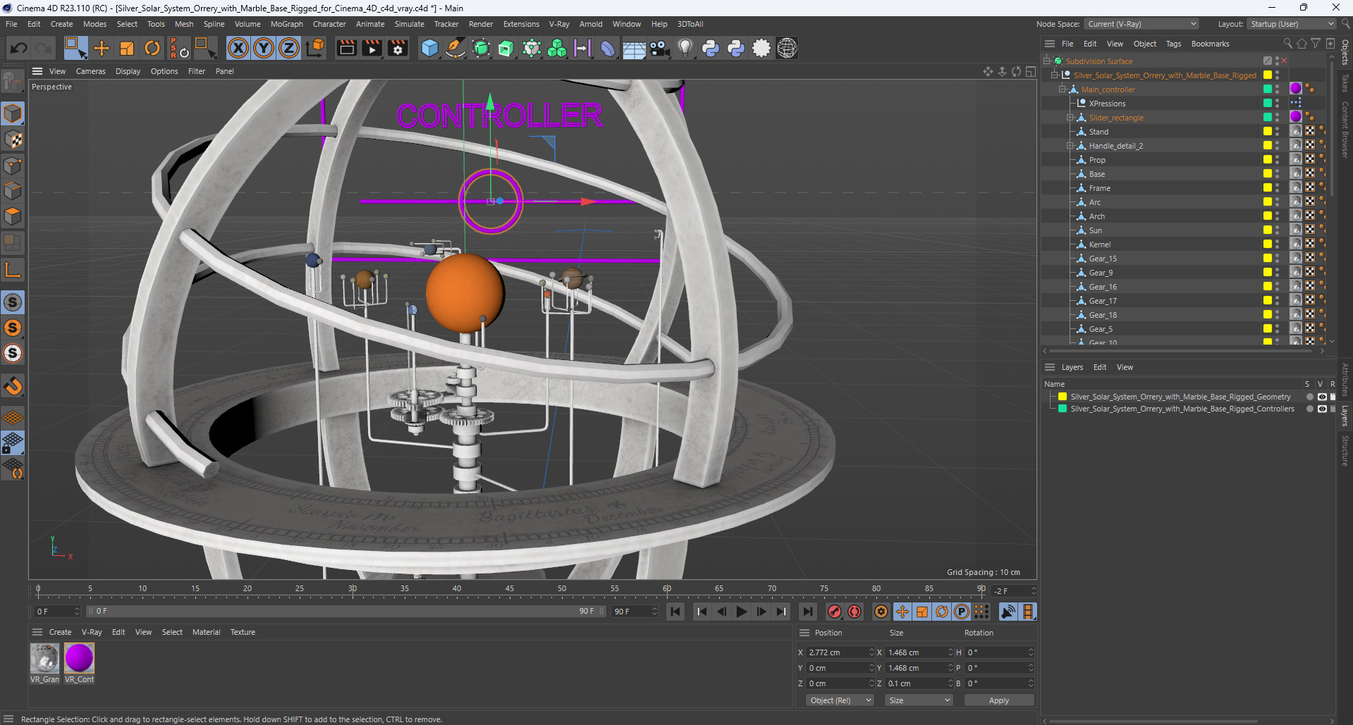 Silver Solar System Orrery with Marble Base Rigged for Cinema 4D 3D model