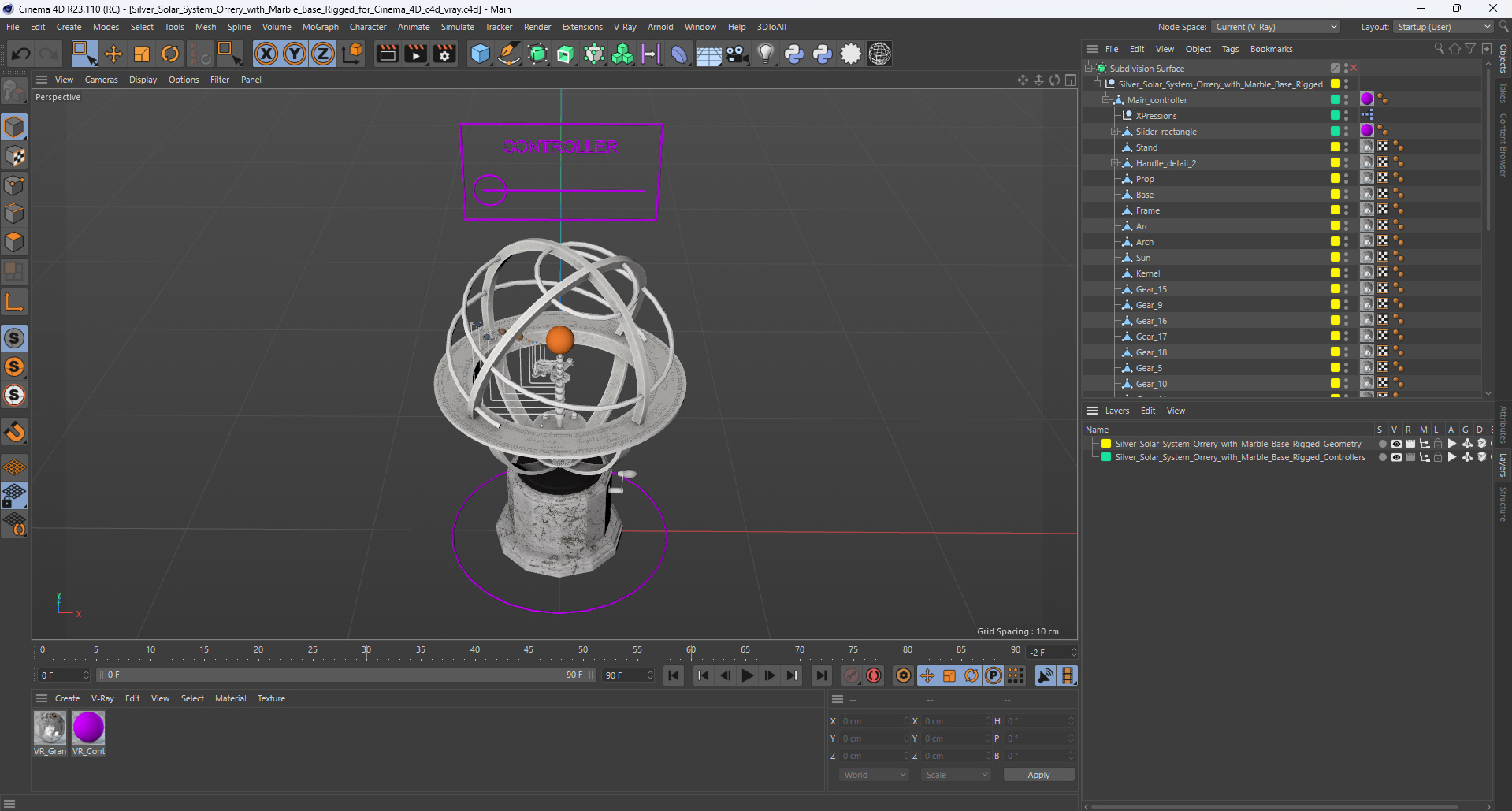 Silver Solar System Orrery with Marble Base Rigged for Cinema 4D 3D model