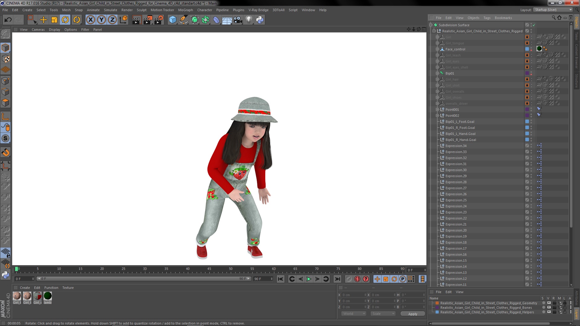 3D model Realistic Asian Girl Child in Street Clothes Rigged for Cinema 4D