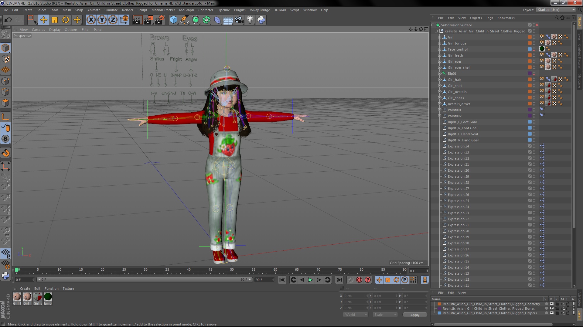 3D model Realistic Asian Girl Child in Street Clothes Rigged for Cinema 4D