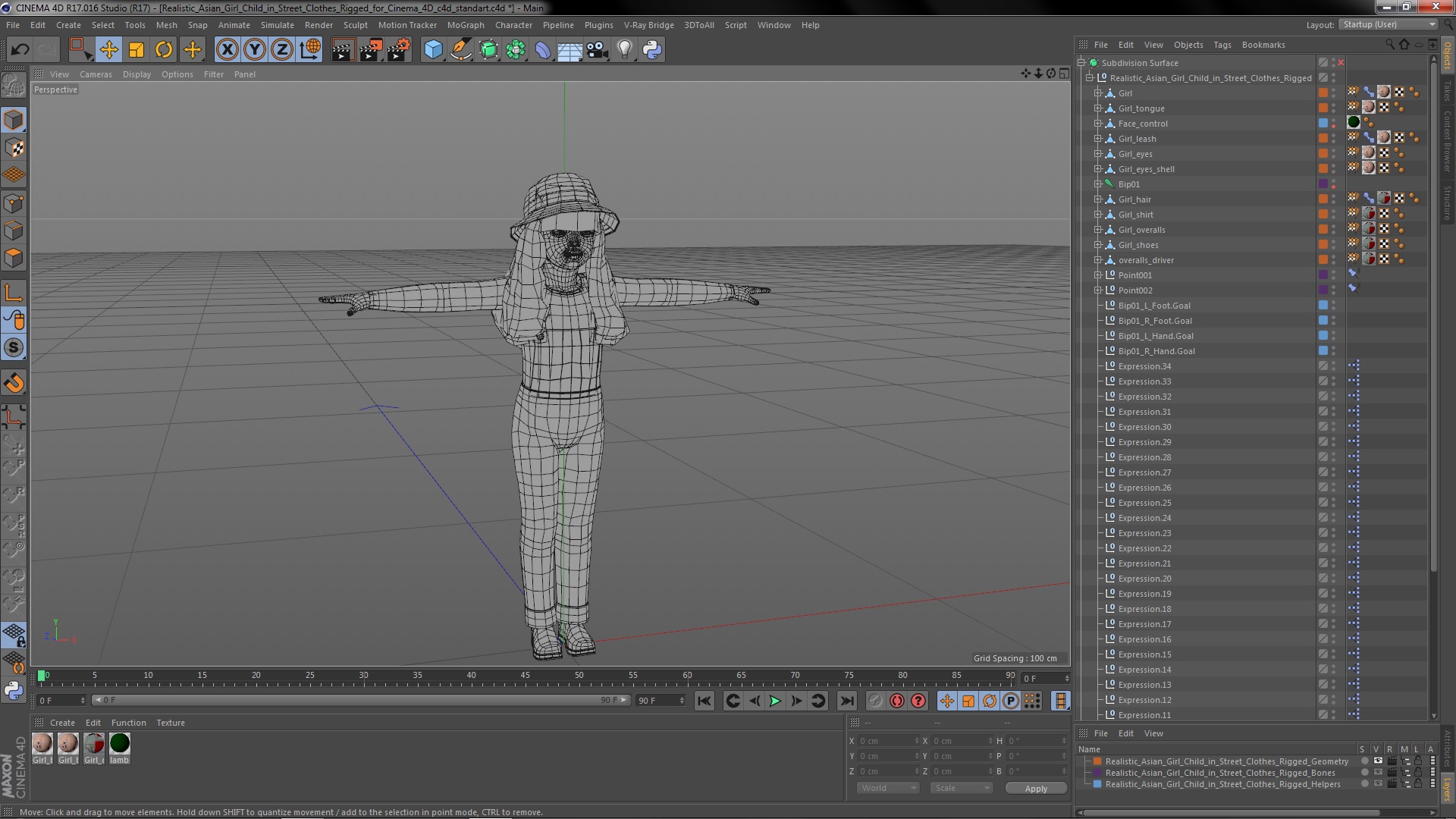 3D model Realistic Asian Girl Child in Street Clothes Rigged for Cinema 4D