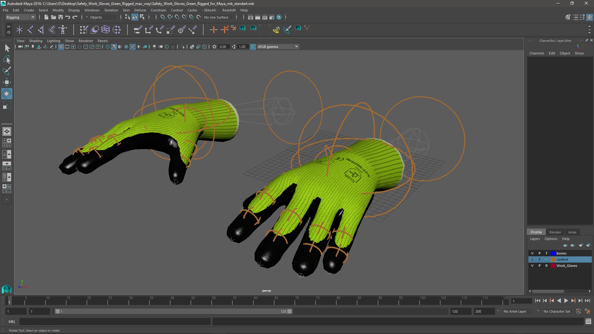 3D model Safety Work Gloves Green Rigged for Maya