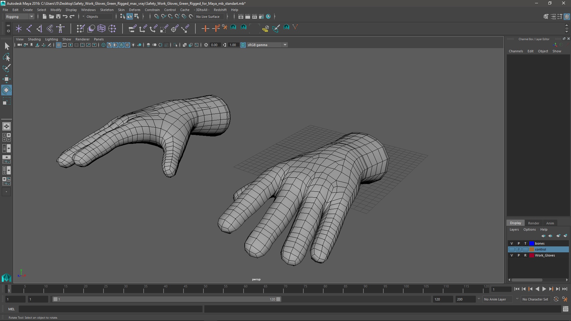 3D model Safety Work Gloves Green Rigged for Maya