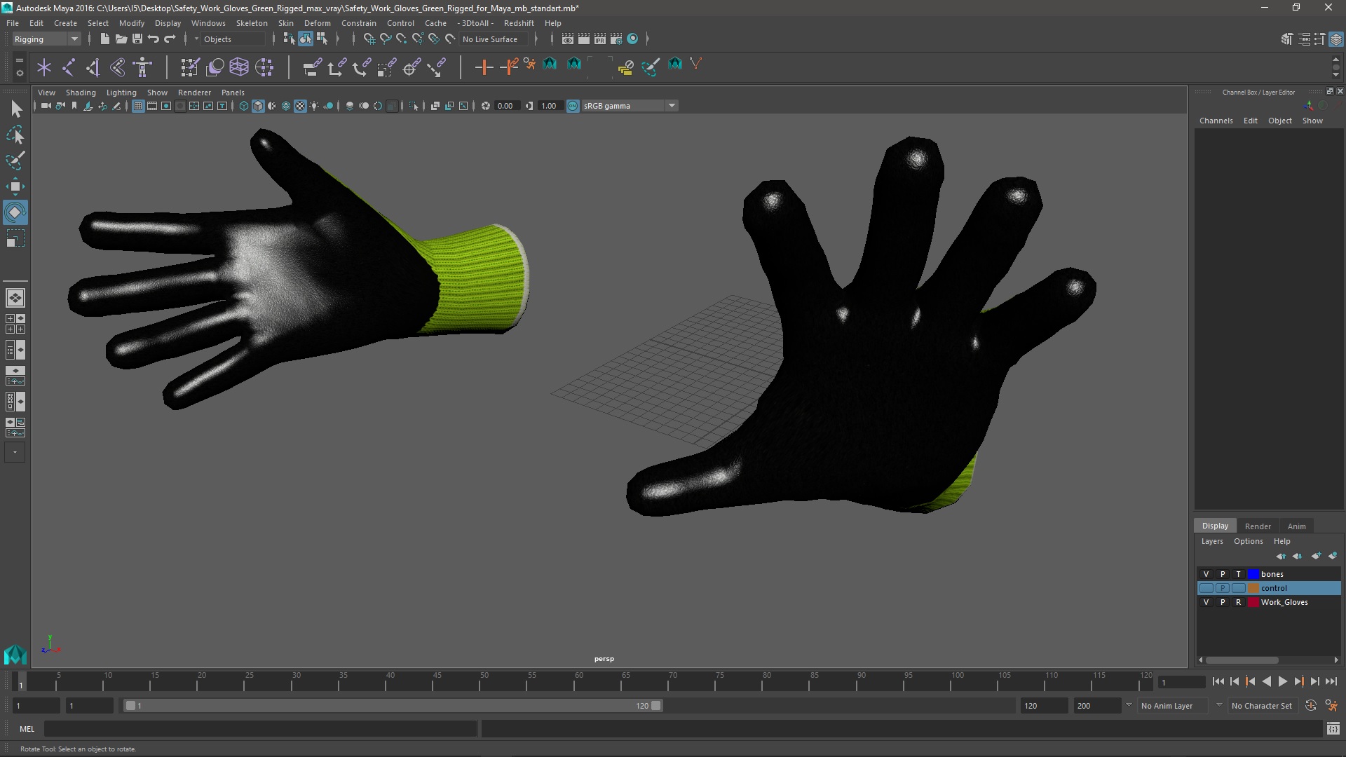 3D model Safety Work Gloves Green Rigged for Maya