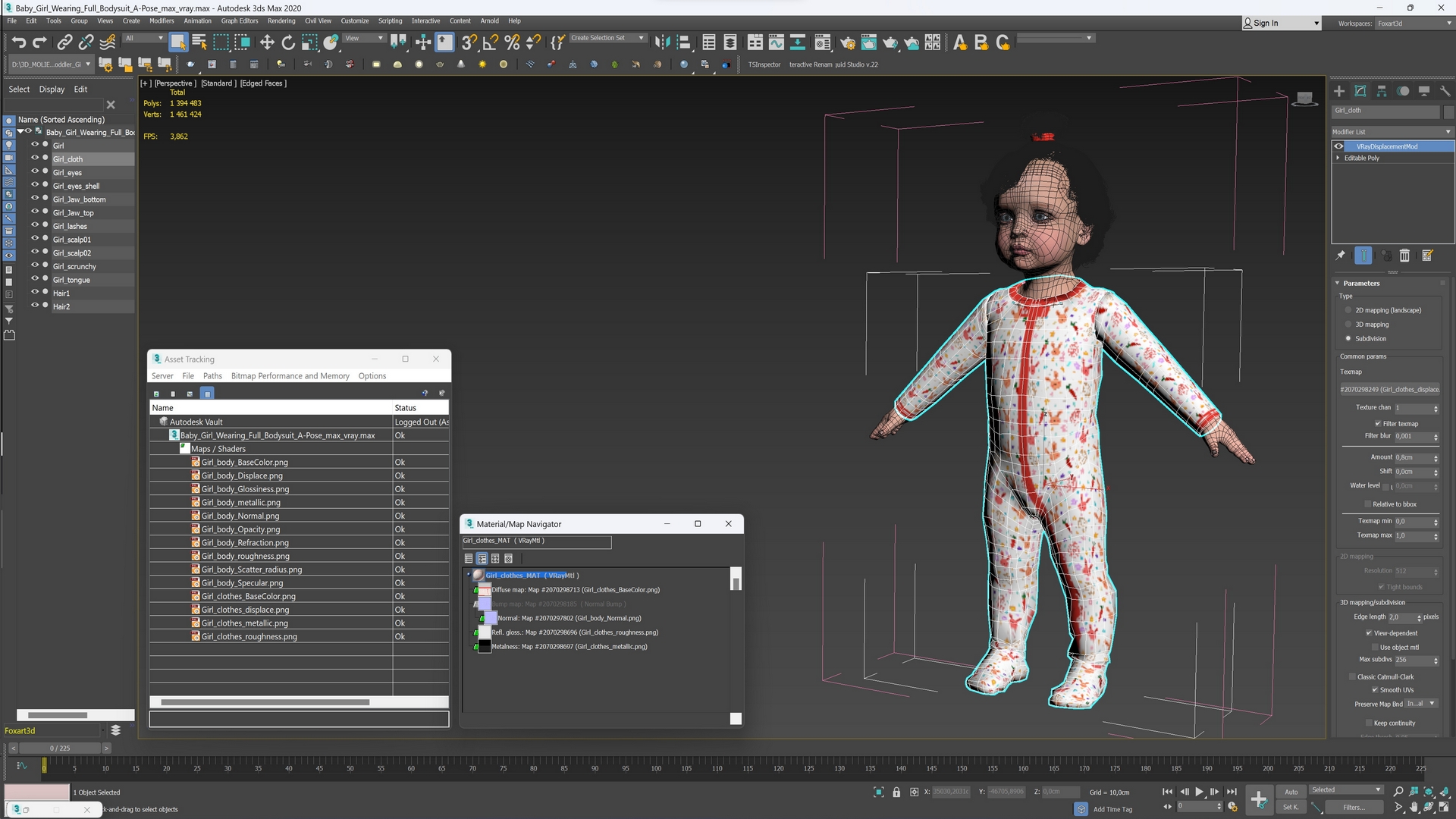 3D Baby Girl Wearing Full Bodysuit A-Pose model