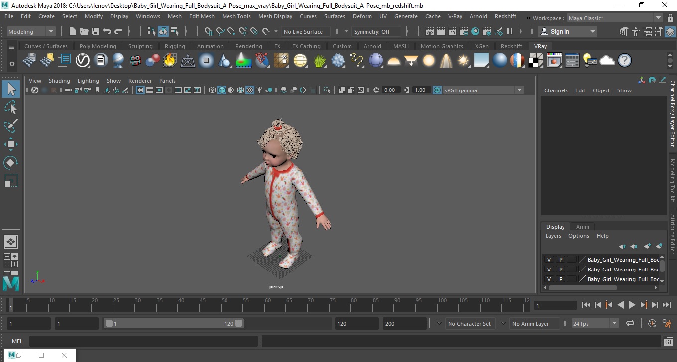 3D Baby Girl Wearing Full Bodysuit A-Pose model