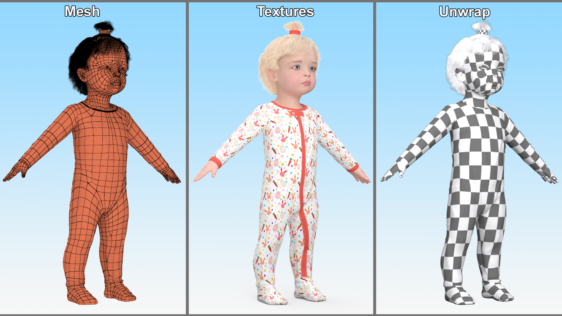 3D Baby Girl Wearing Full Bodysuit A-Pose model