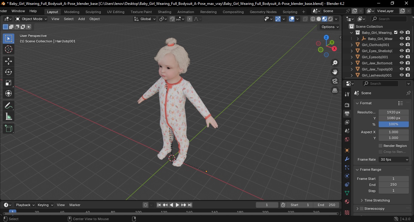 3D Baby Girl Wearing Full Bodysuit A-Pose model