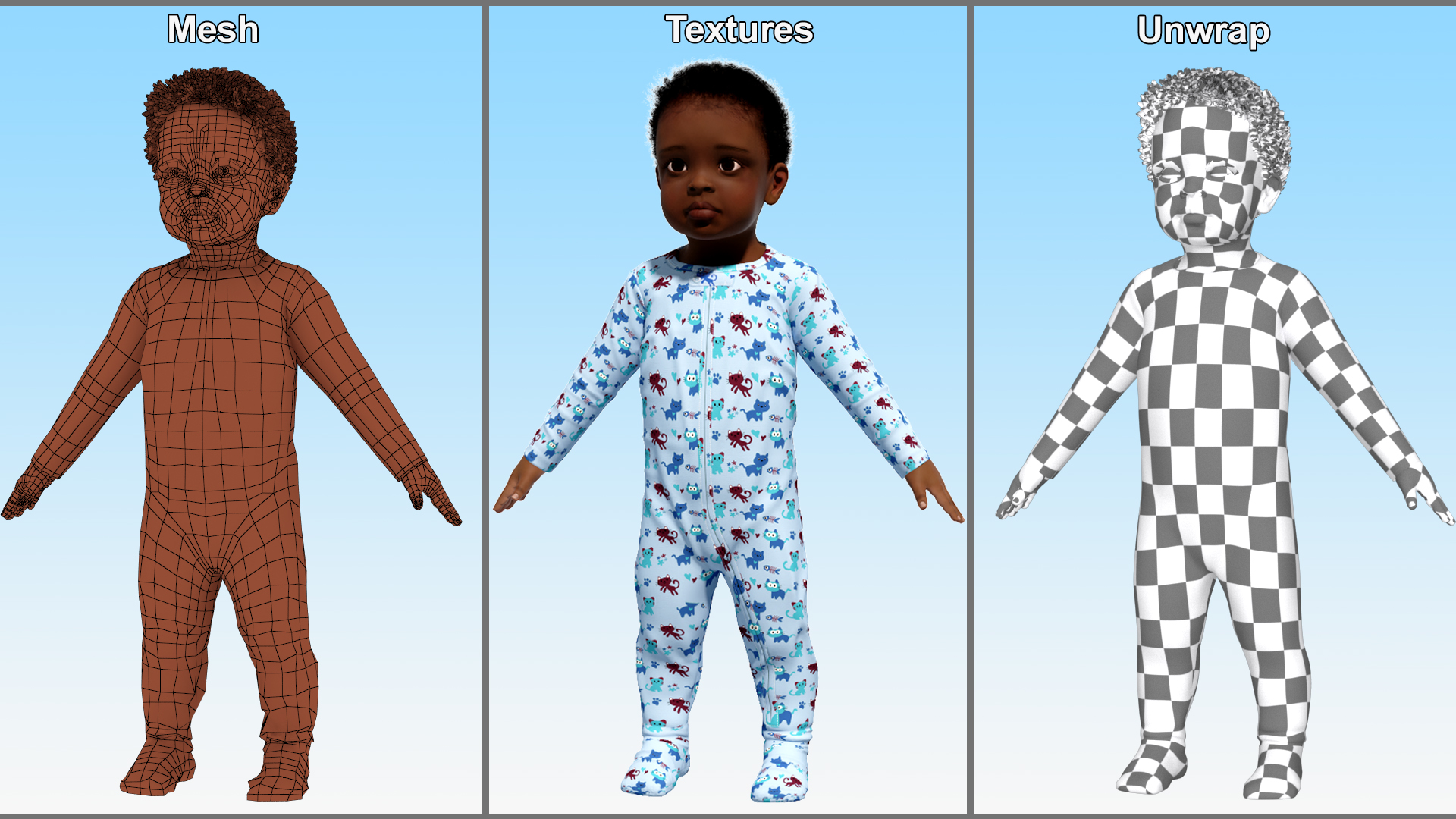 Little Dark Skinned Boy in Full Bodysuit Rigged 3D
