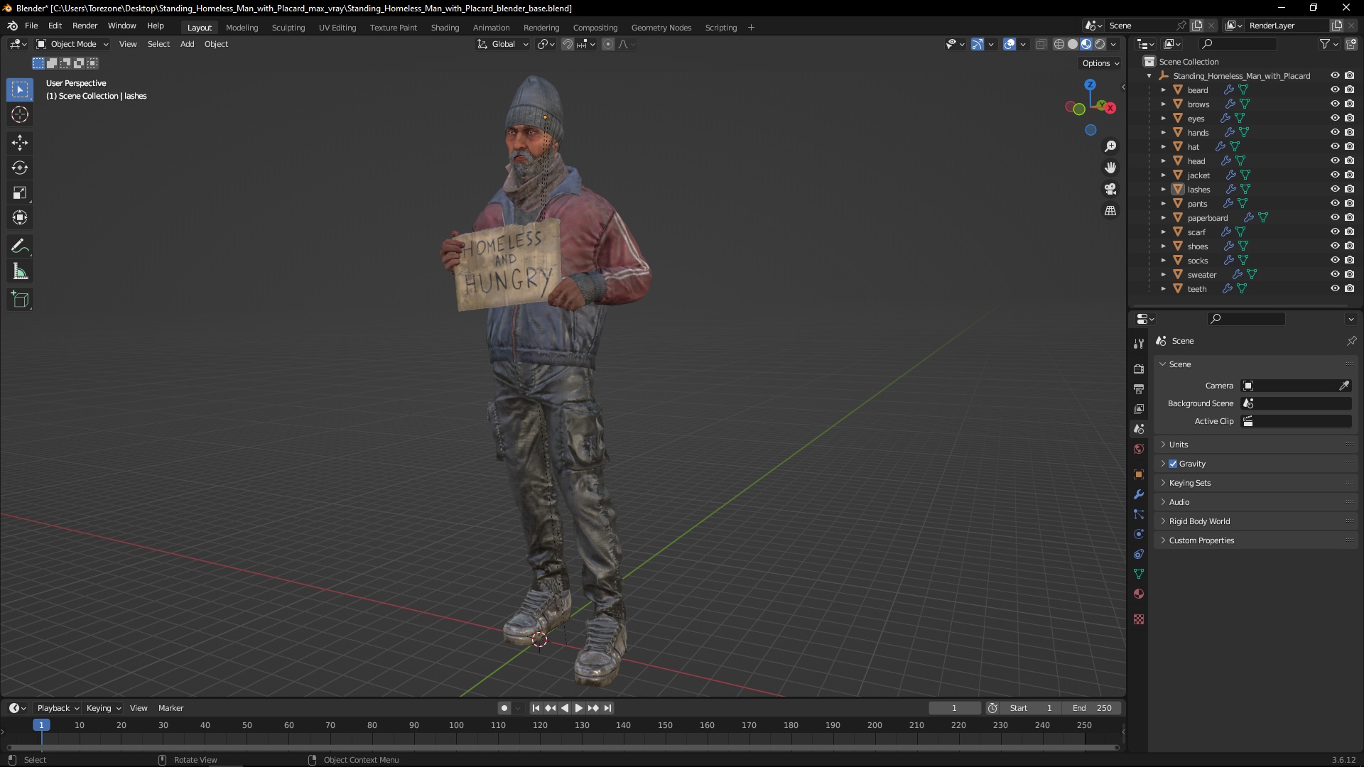 Standing Homeless Man with Placard 3D model