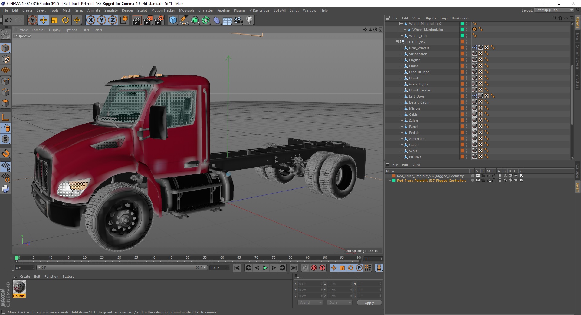 Red Truck Peterbilt 537 Rigged for Cinema 4D 3D model
