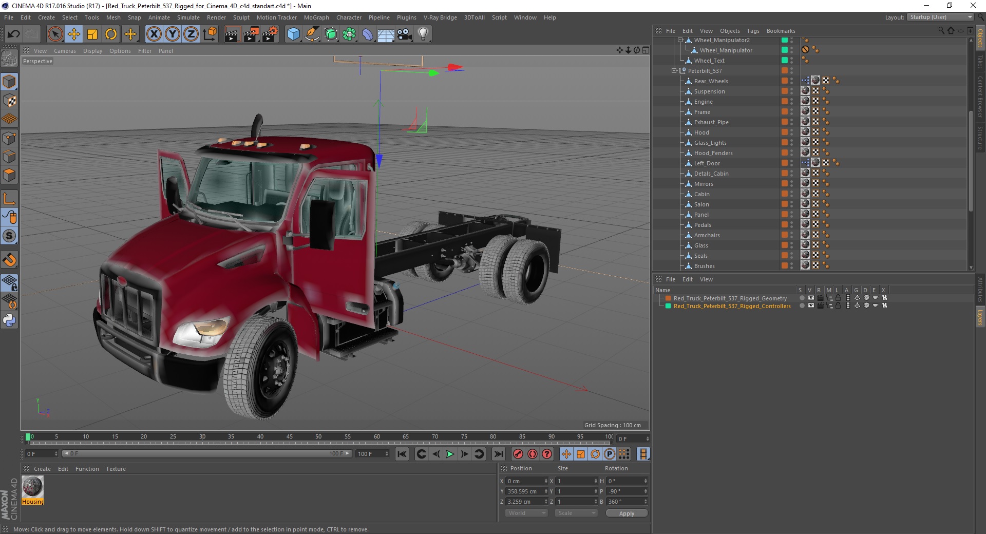 Red Truck Peterbilt 537 Rigged for Cinema 4D 3D model