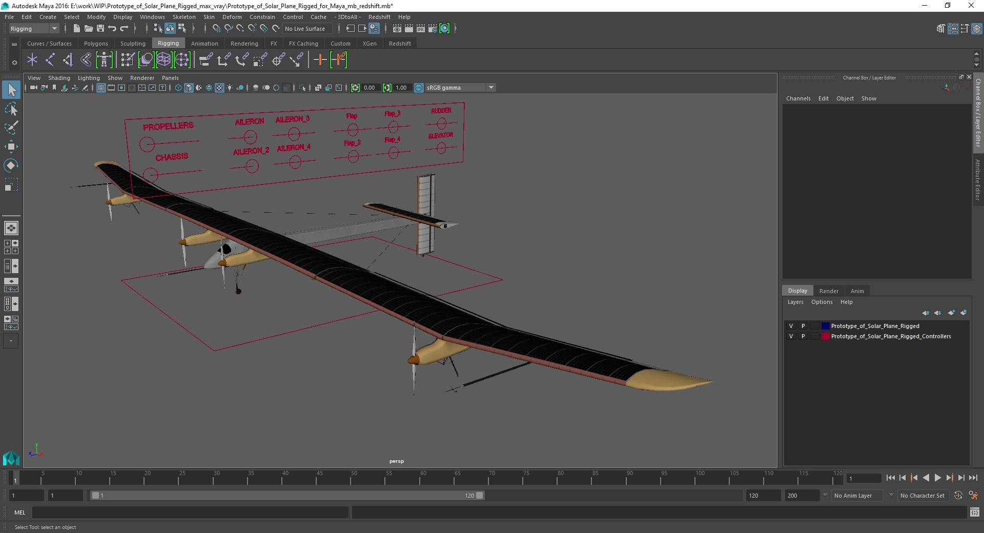 3D model Prototype of Solar Plane Rigged for Maya